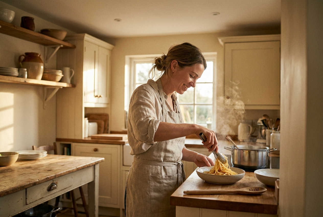 A real home cook plating a meal